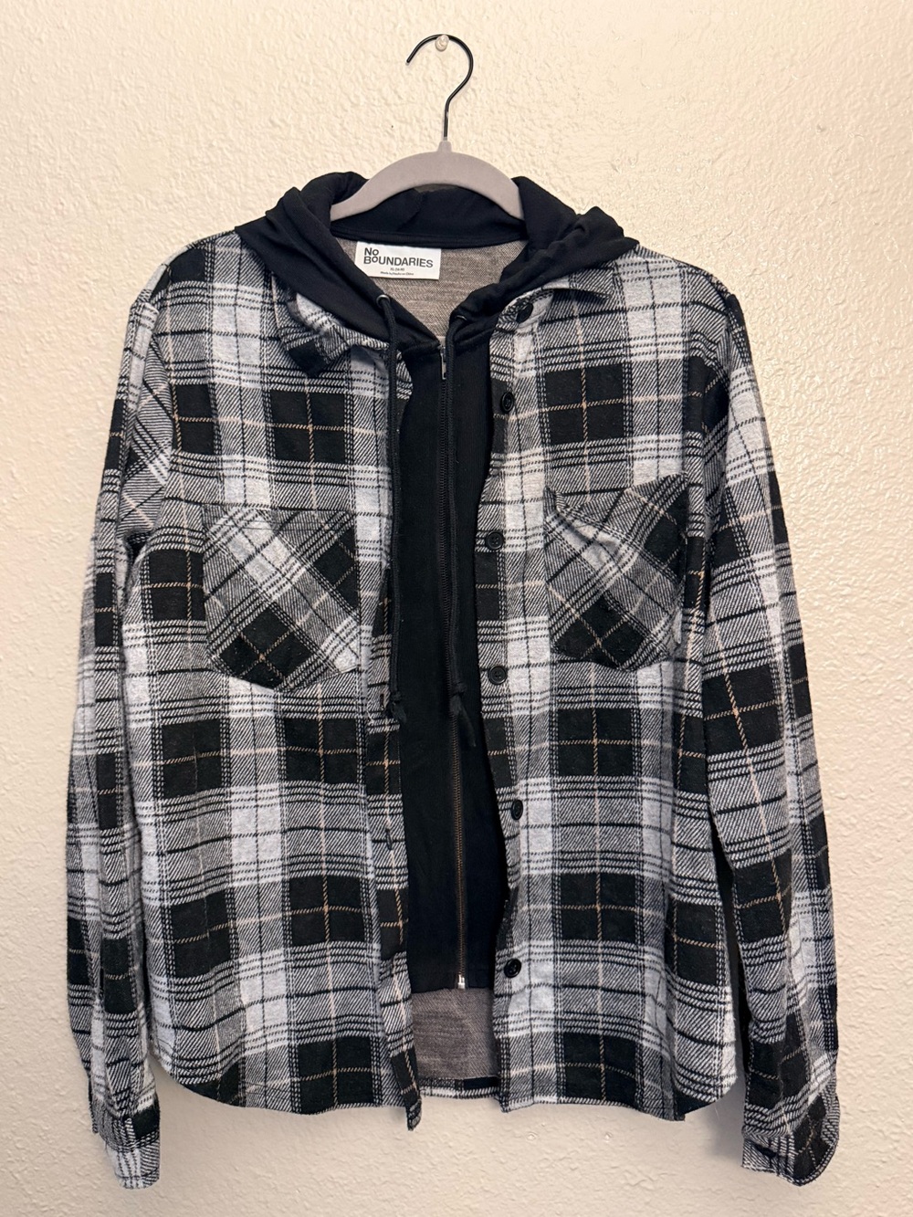 No Boundaries Black & White Plaid Hooded Shacket